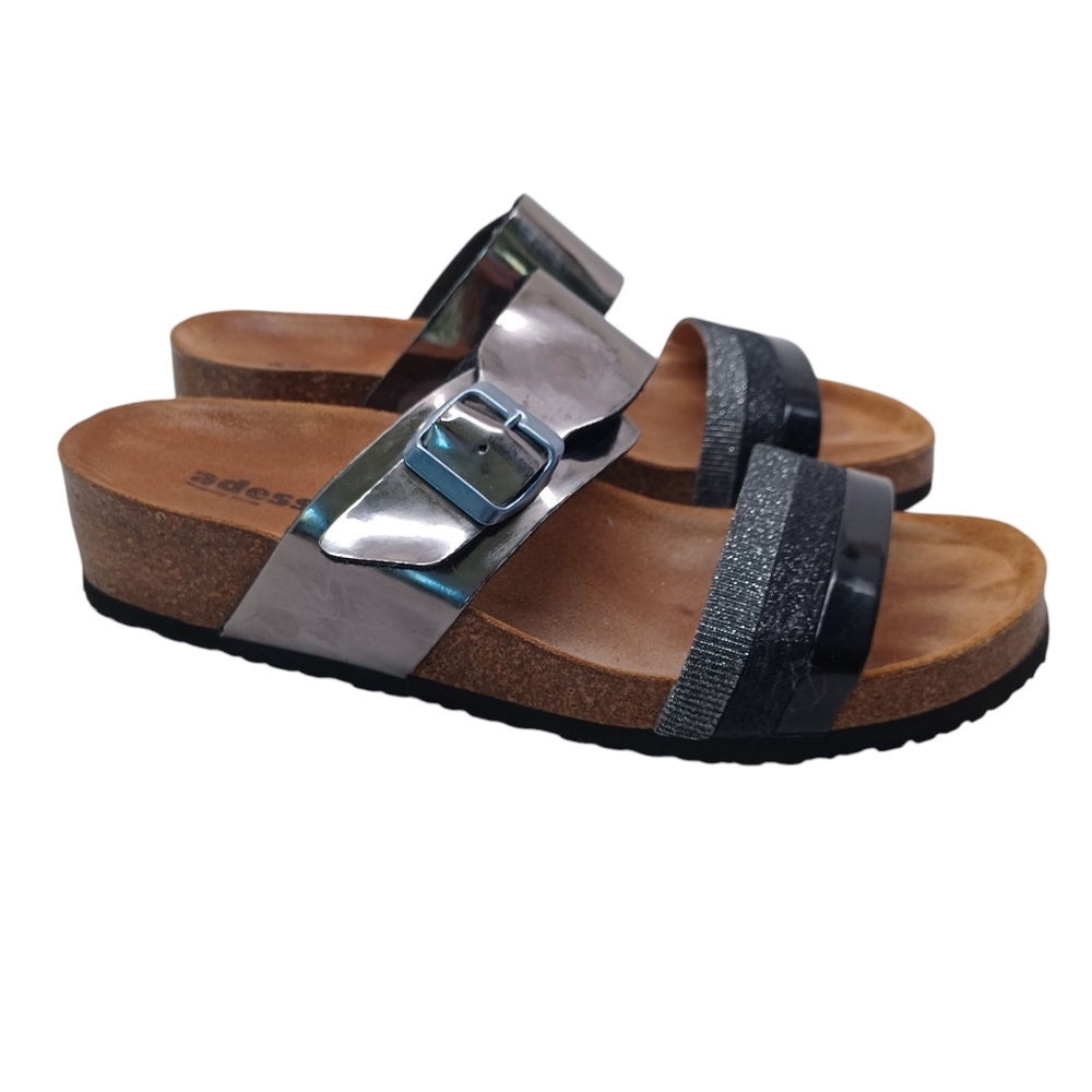 Adesso Sandals Silver Black Patent Metallic Two Strap Slip On Slides Womens 10.5
